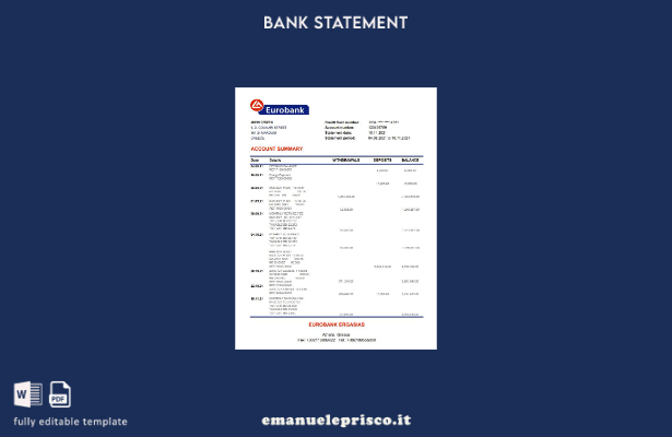 modello Excel di estratto conto bancario Grecia Eurobank Ergasias in stile verif