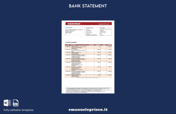 modello Excel di estratto conto bancario India IndusInd in stile verificato