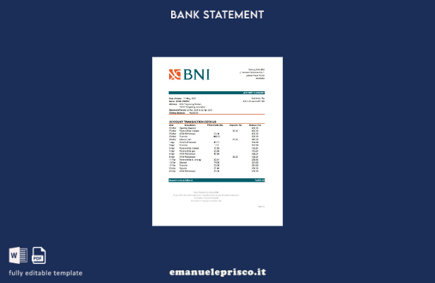 modello Excel di estratto conto bancario Indonesia Bank Negara Indonesia (BNI) i