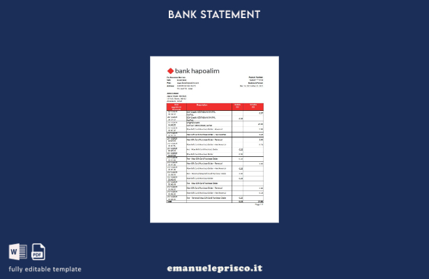 modello Excel di estratto conto bancario Israel Bank Hapoalim in stile verificat