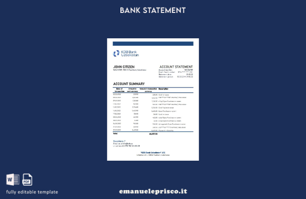 modello Excel di estratto conto bancario KDB dell'Uzbekistan in stile verificato