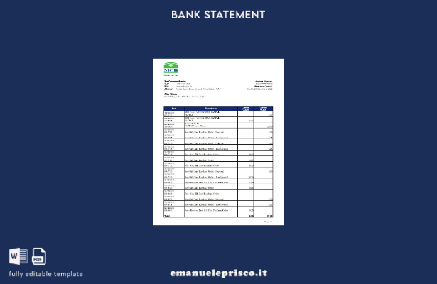 modello Excel di estratto conto bancario MCB degli Emirati Arabi Uniti in stile