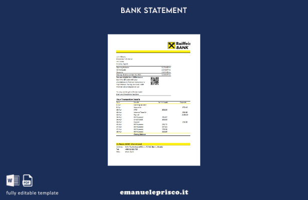 modello Excel di estratto conto bancario Raiffeisen Croazia in stile verificato