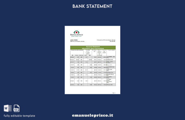 modello Excel di estratto conto bancario Salvador Banco Azteca in stile verifica