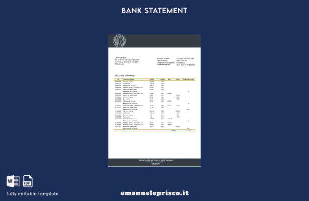 modello Excel di estratto conto bancario Salvador Banco Central de Reserva di El
