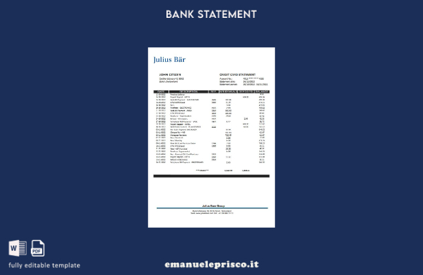 modello Excel di estratto conto bancario Svizzera Julius Bar in stile verificato