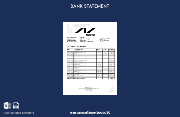 modello Excel di estratto conto bancario Sweden Nordnet AB in stile verificato