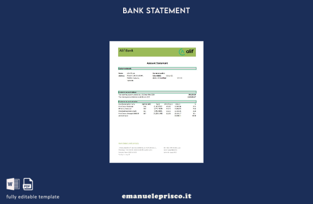 modello Excel di estratto conto bancario Tagikistan Alif in stile verificato