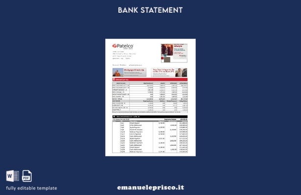 modello Excel di estratto conto bancario USA California Patelco Credit Union in