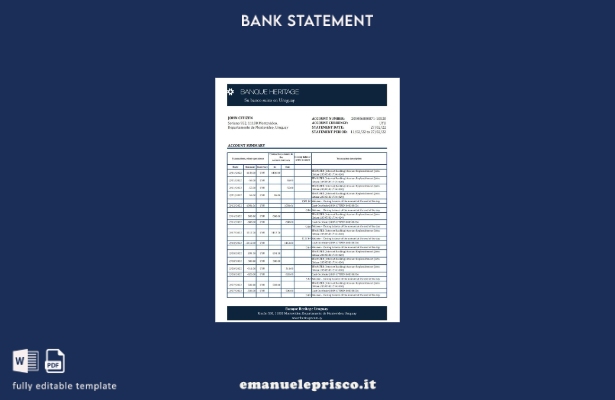 modello Excel di estratto conto bancario Uruguay Banque Heritage in stile verifi