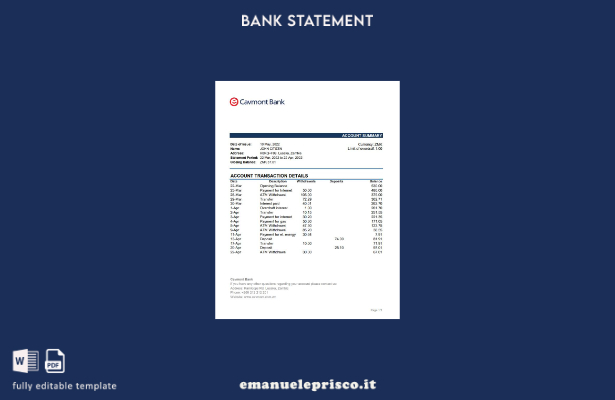 modello Excel di estratto conto bancario Zambia Cavmont in stile verificato
