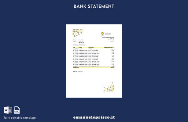 modello Excel di estratto conto bancario con prova di indirizzo della Banca inte