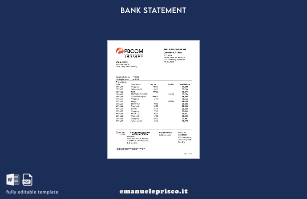 modello Excel di estratto conto bancario della Banca delle comunicazioni delle F