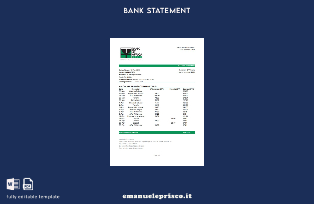 modello Excel di estratto conto bancario della Benin Bank of Africa in stile ver