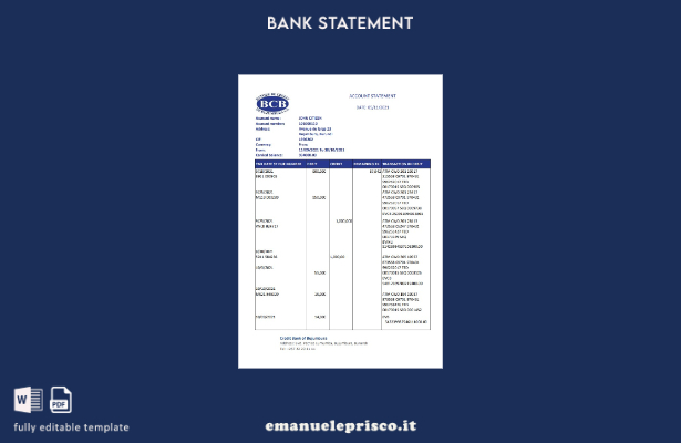 modello Excel di estratto conto bancario della Burundi Credit Bank di Bujumbura
