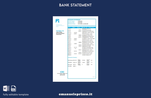 modello Excel di estratto conto bancario della China Industrial and Commercial B