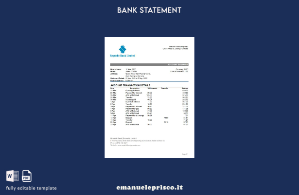modello Excel di estratto conto bancario della Repubblica di Grenada in stile ve