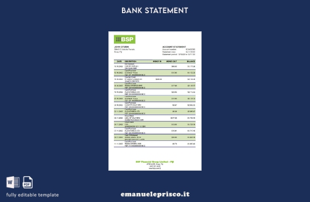 modello Excel di estratto conto bancario delle Fiji Bank of South Pacific in sti