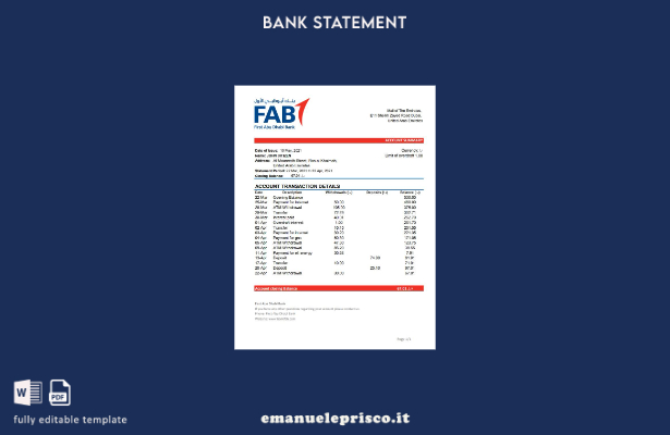 modello Excel di estratto conto bancario di Abu Dhabi in stile verificato degli