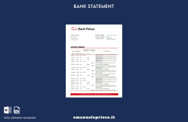 modello Excel di estratto conto bancario stile verificato Polonia Bank Pekao S.A