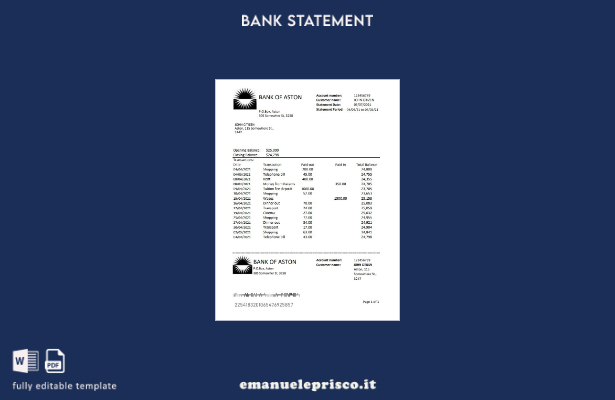 modello Excel di estratto conto della Banca di Aston del Regno Unito in stile ve