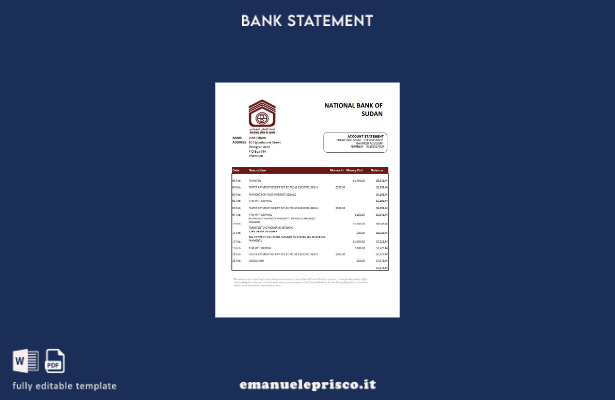 modello Excel di estratto conto della Banca nazionale del Sudan in stile verific