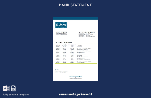 modello di estratto conto Ecobank della Repubblica Centrafricana in stile verifi