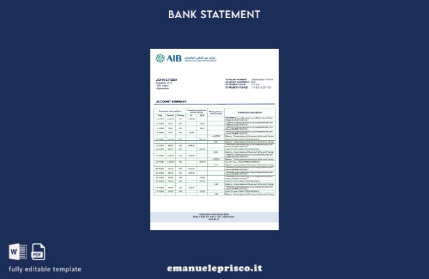 modello di estratto conto bancario AIB Afghanistan in stile verificato