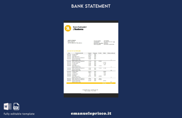 modello di estratto conto bancario Andorra BancSabadell d'Andorra in stile verif