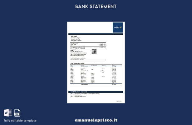 modello di estratto conto bancario Cambogia Acleda in stile verificato