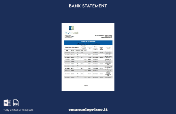 modello di estratto conto bancario Gabon BGFI in stile verificato