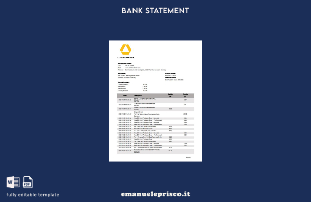 modello di estratto conto bancario Germania Commerzbank in stile verificato, mod