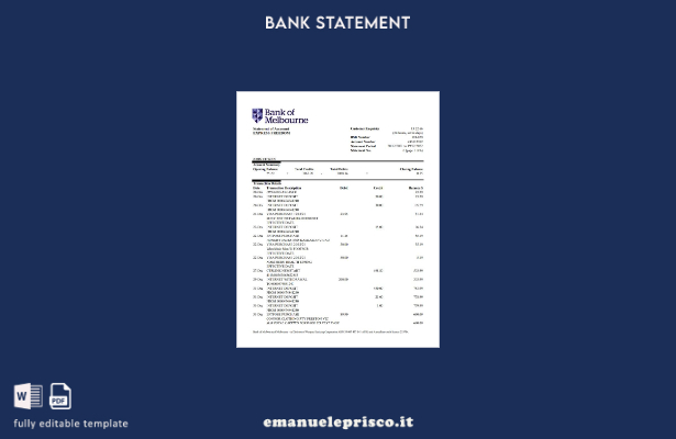 modello di estratto conto bancario della Australia Bank of Melbourne in stile ve