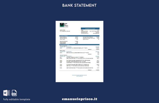 modello di estratto conto bancario della Burundi Bank of Africa in stile verific