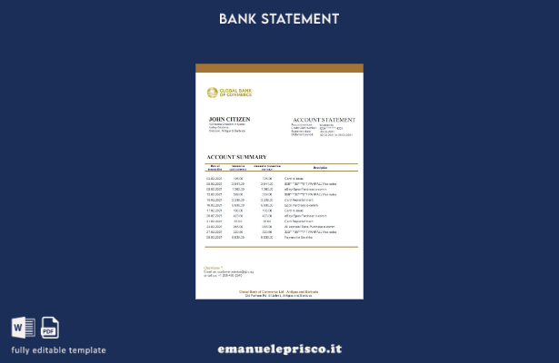 modello di estratto conto della Banca globale di commercio di Antigua e Barbuda