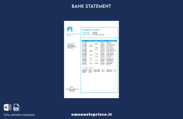 modello di estratto conto della China Industrial and Commercial Bank of China in