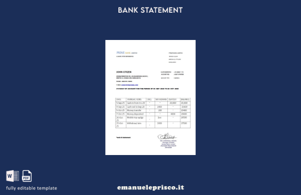 modello di estratto conto in stile verificato Bangladesh Prime bank Limited