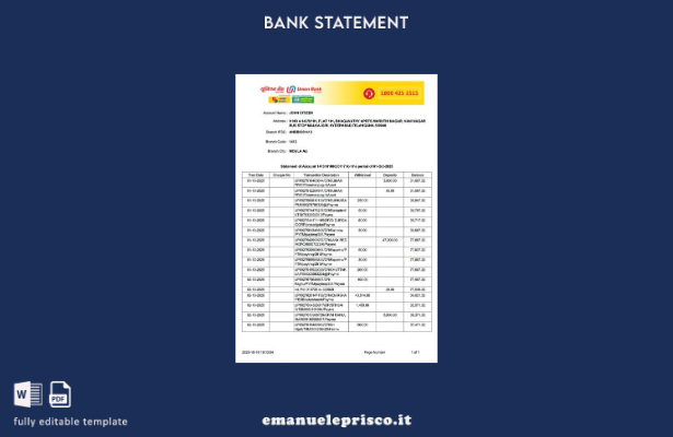 modello di estratto conto in stile verificato dell'India Union Bank of India