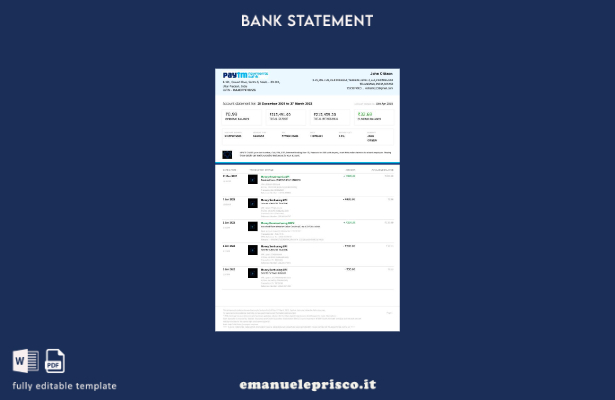 modello di pagina word estratto conto bancario India Paytm Payments in stile ver