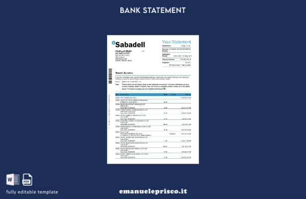 modello di pagine di parole del mese dell'estratto conto bancario di Spagna Saba