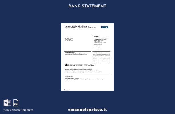 modello di pagine di parole dell'estratto conto bancario USA BBVA in stile verif