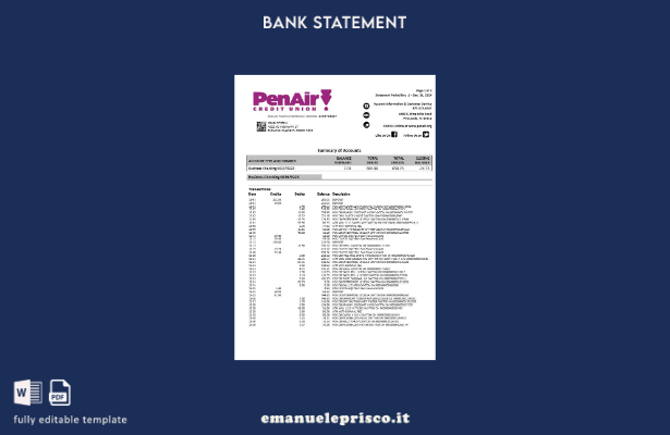 modello di pagine di parole dell'estratto conto bancario di PenAir Credit Unio 1