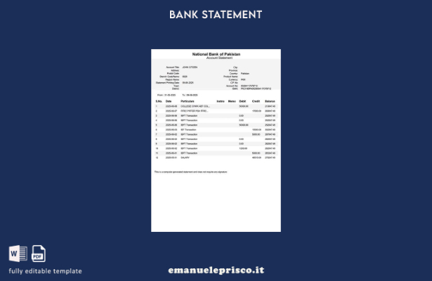 modello di pagine di parole dell'estratto conto della Banca nazionale del Pakist