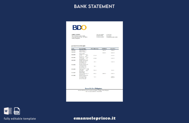 modello di parola di estratto conto bancario BDO Filippine stile verificato