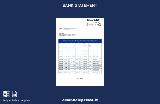 modello di parola di estratto conto bancario Botswana Bank ABC stile verificato