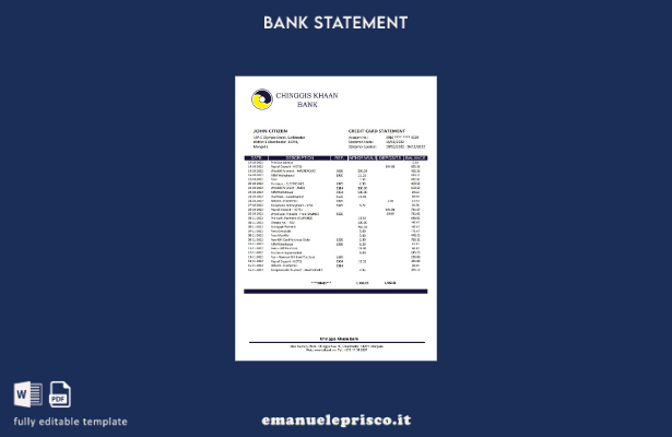 modello di parola di estratto conto bancario Mongolia Chinggis Khaan stile verif