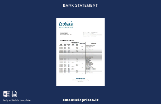 modello di parola di estratto conto bancario Togo Ecobank stile verificato