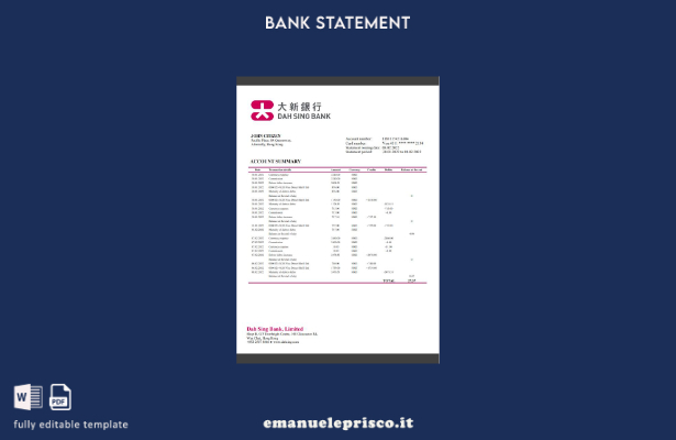 modello di parola di estratto conto di Hong Kong DAH Sing Bank in stile verifica