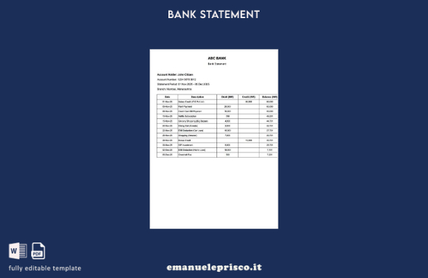 modello di parole dell'estratto conto bancario India ABC in stile verificato