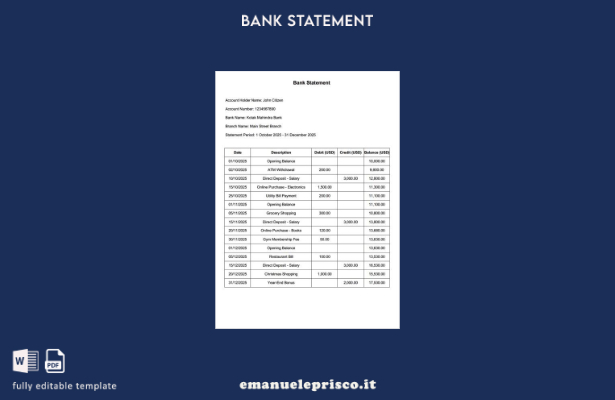 modello di parole dell'estratto conto bancario India Kotak Mahindra in stile ver